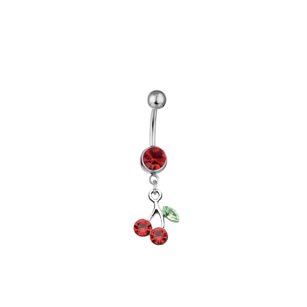 Cherry Dangle Belly Ring 14g 3/8” Red Swarovski Crystals
